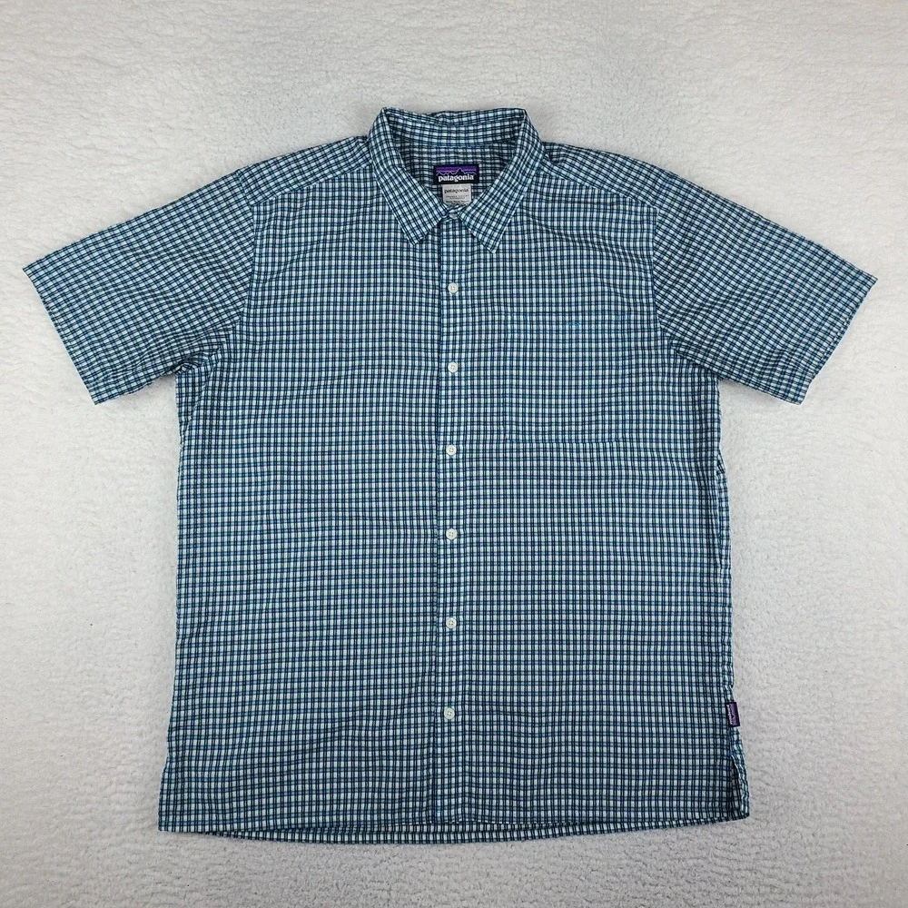 Patagonia Shirt Mens XL Blue Teal Plaid Preppy Seersucker Button Up Short Sleeve